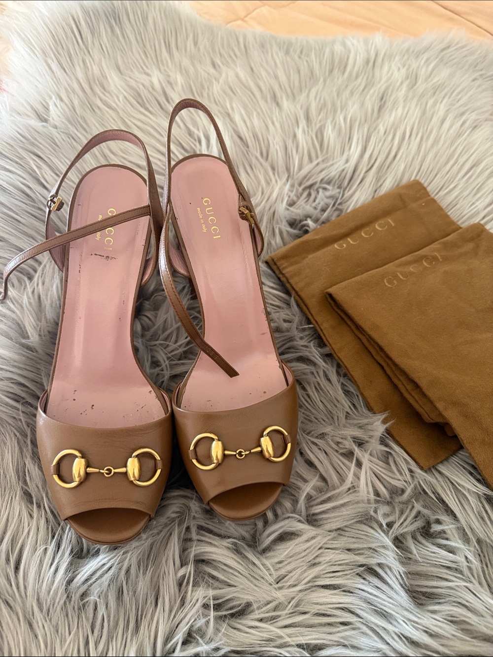 Gucci Tan Leather Slingback Heels with Pink Insole and Gold Horsebit